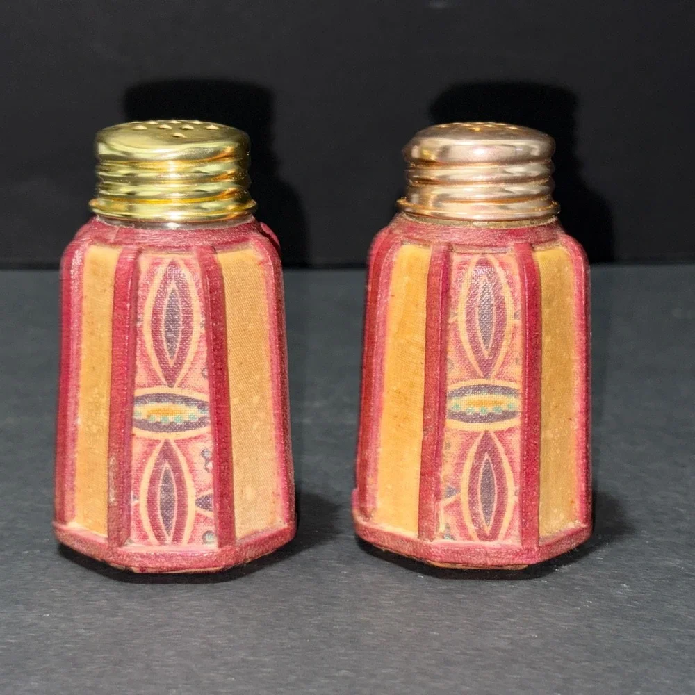 Vtg Leather Wrapped Salt and Pepper Shakers Octagonal Boho Geometric Red Gold